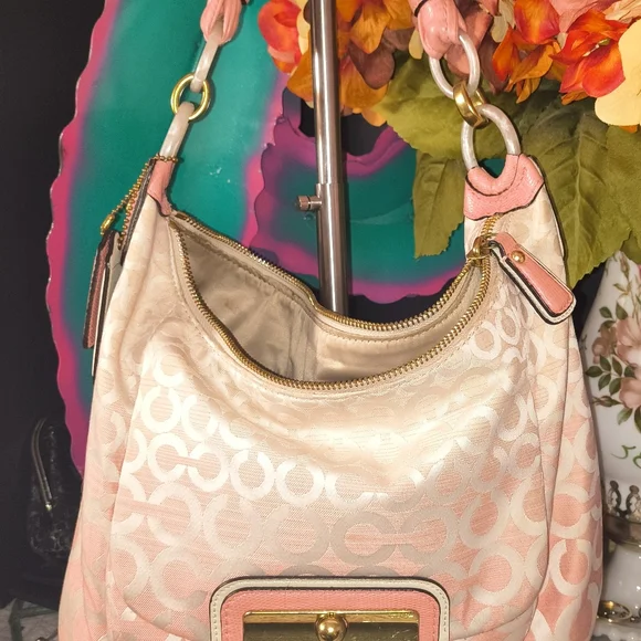 Coach Pink and Cream Signature Canvas Shoulder Bag